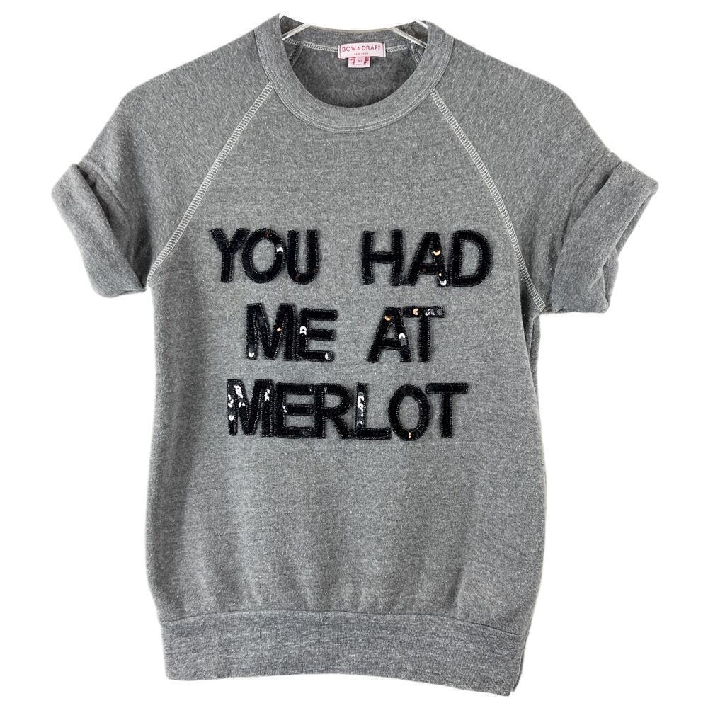 Bow & Drape Handmade You Had Me at Merlot Sequin Short Sleeve Sweatshirt Size XS